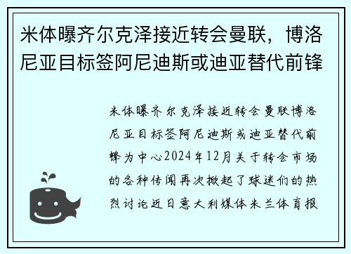 米体曝齐尔克泽接近转会曼联，博洛尼亚目标签阿尼迪斯或迪亚替代前锋